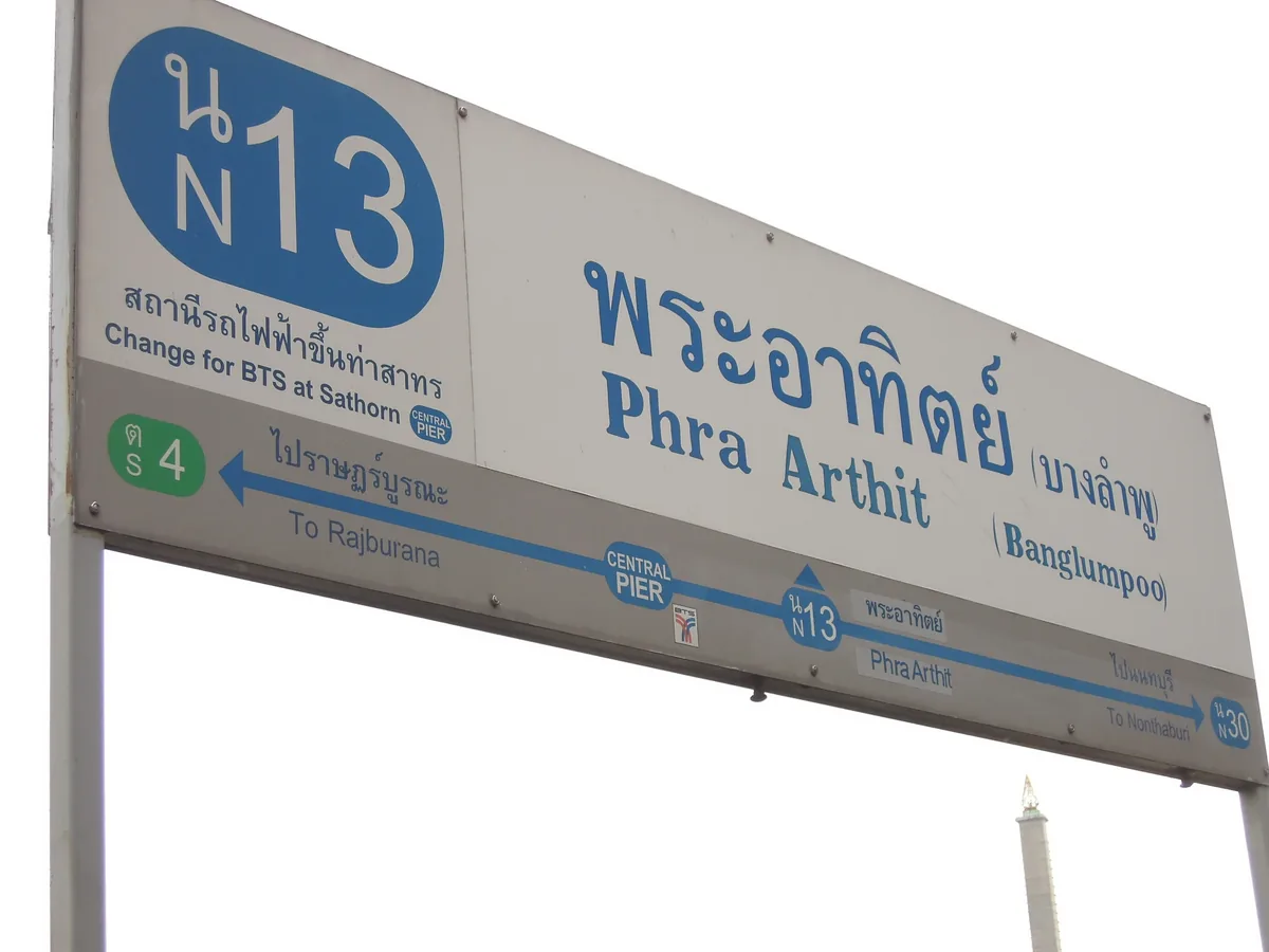 Chao Phraya Express Boat route sign at Phra Arthit Pier in Bangkok